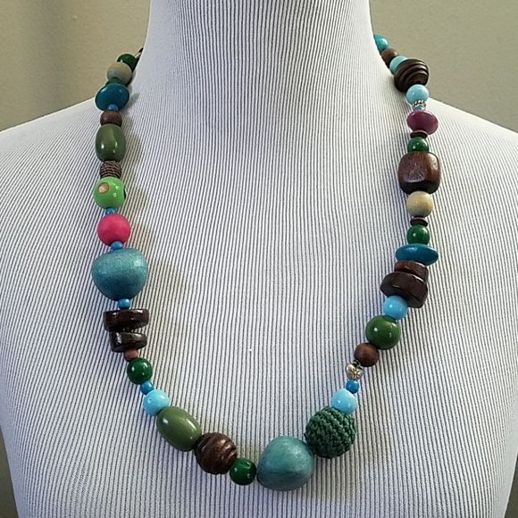 Jewelry - Wood and natural fiber necklace brown green pink